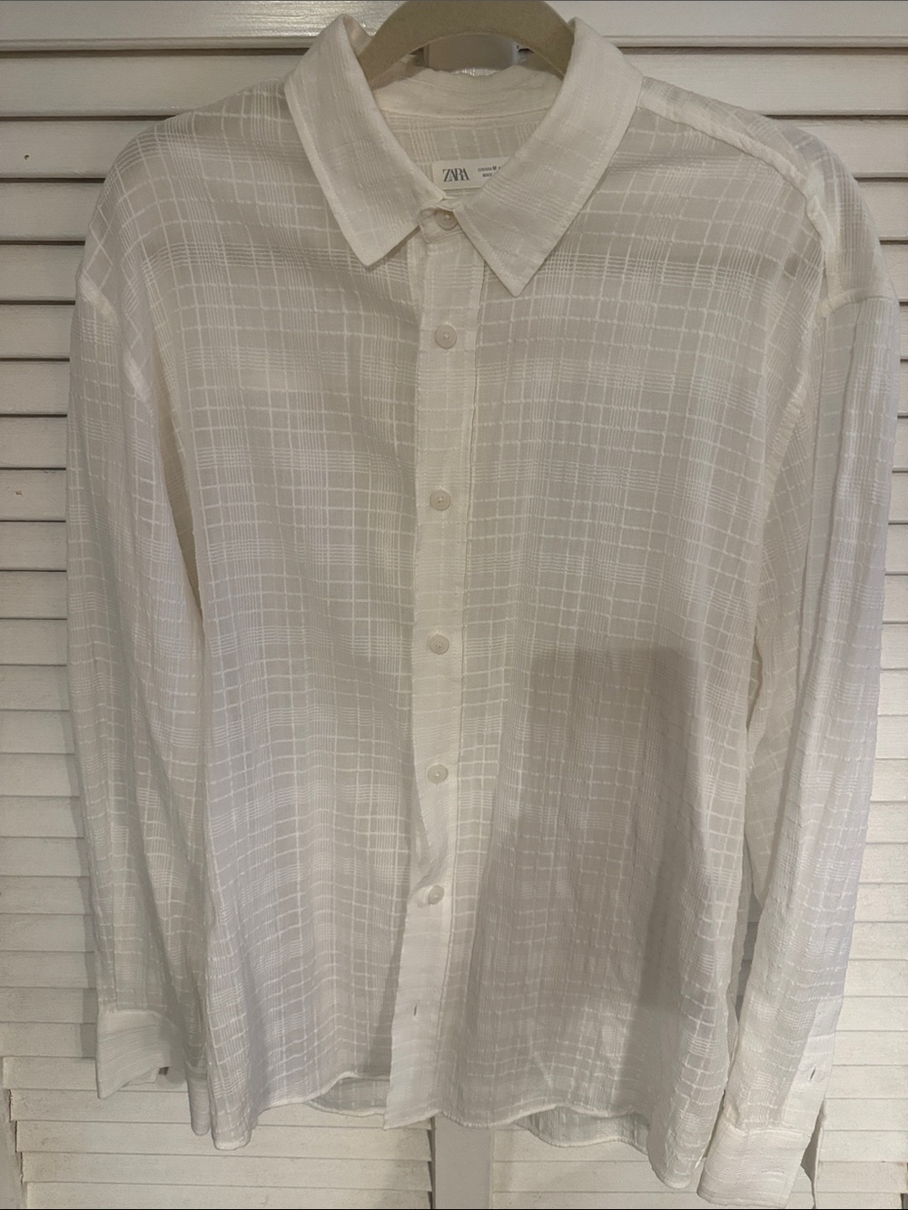 ZARA White Lightweight Plaid-Texture Button-Down Shirt - Men